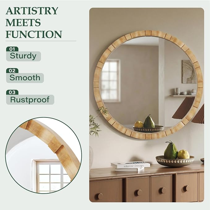 Wood Round Wall Mirror - 31.5" Farmhouse Rustic Wall Decorative Mirrors, Wooden Circle Boho Accent Mirror for Living Room, Bedroom, Bathroom, Hallway, Fireplace, (Natural)