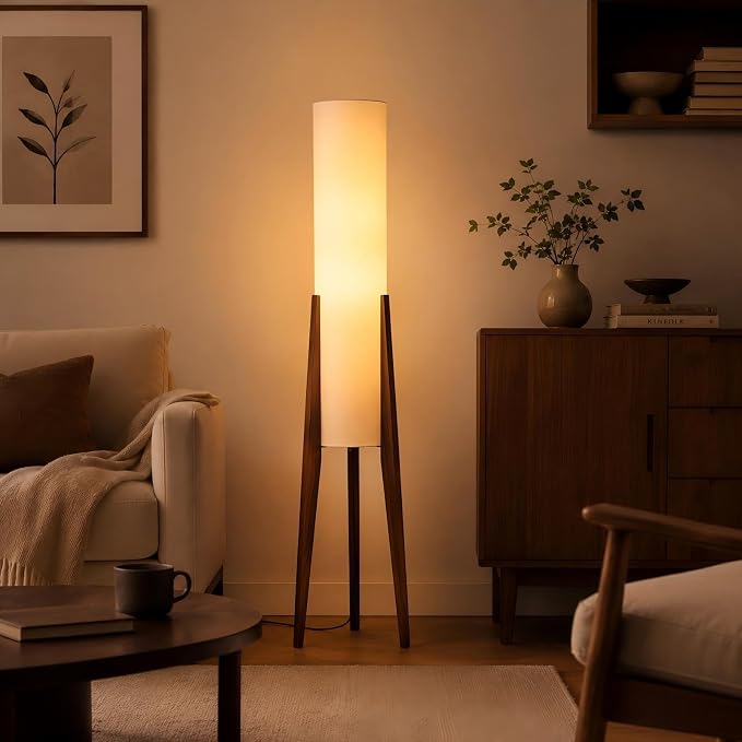 Bofea-Farmhouse Floor Lamp for Living Room & Bedroom,Walnut Wood Vintage Standings Lamp with Foot Switch, 3 Color White Fabric Tall Lamp,Decorative Tower Shade Lamp for Hotel Cafe Study