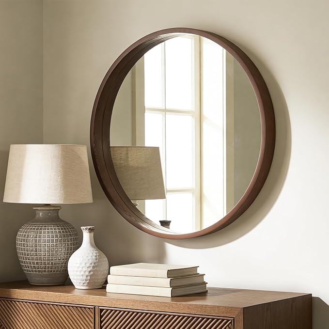 WallBeyond 28 Inch Round Wood Mirror, Large Circle Wooden Frame Wall Mirror for Bathroom, Living Room, Bedroom, Entryway (Walnut)