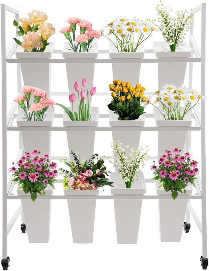 3-Layers Flower Display Stand Metal Plant Holder with 12PCS Buckets Moving Plant Cart Shelf Flower Shelf for Florist Garden Patio,3.28 * 1.84 * 4.04ft (White Frame With White Buckets)