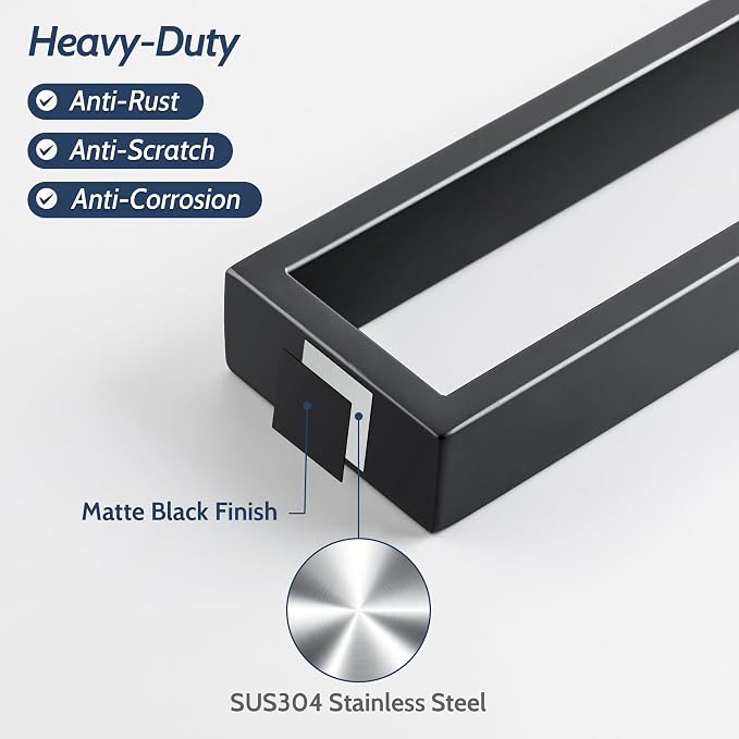 Sayayo Matte Black Towel Bar for Bathroom, 8 Inch Hand Towel Holder Wall Mount Square Towel Ring SUS304 Stainless Steel Towel Rack