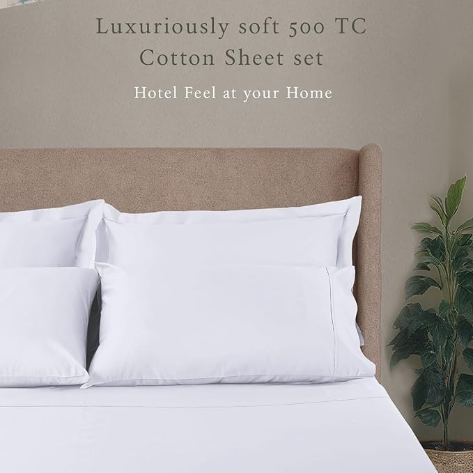 Threadmill 100% Cotton Hypoallergenic/Breathable/Stain-Resistant, 500 Thread Count, Solid 4-Piece Bed Sheet Set (1 Flat, 1 Fitted Sheet, 2 Pillow Covers), Queen White Sheets Set