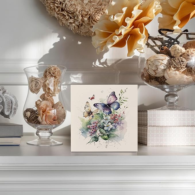 Vintage Butterfly Floral Wooden Box Sign Desk Decor, Butterfly Bathroom Decor, Butterfly Decorative Signs Decor for Girls Room Bedroom, Farmhouse Flower Home Shelf Desk Decor 5x5 Inch