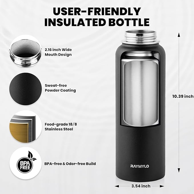 Insulated Water Bottle 40 oz, Triple Wall Vacuum Stainless Steel (Cold for 48 Hrs), Leak Proof & Non-BPA, Modern Water Flask Jug with Paracord Handle & Straw Spout Lids, Magic Black