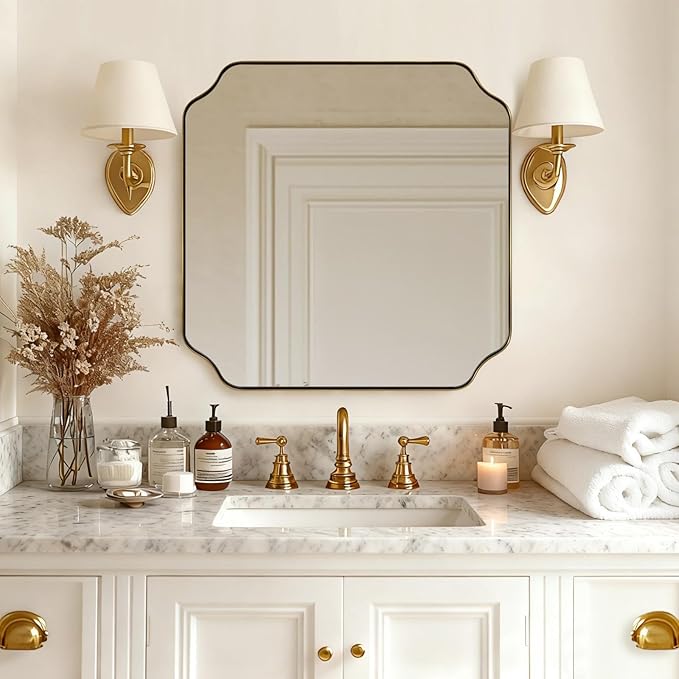 ANDY STAR Square Gold Vanity Mirrors, 24"x24" Brushed Brass Scalloped Bathroom Mirror, Antique Wall Mirror with Anti-Rust Stainless Steel Frame, Rounded Notched Corner Design Ideal for Home Deocr