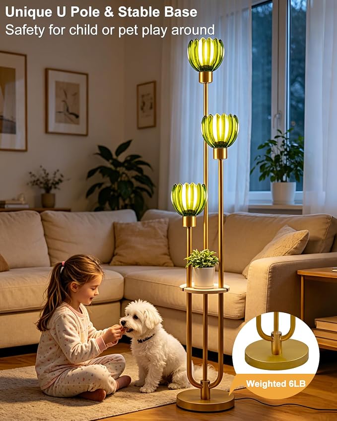 Lightdot 3-Lights Glass Floor Lamp for Living Room Modern Gold Floor Lamps with Lotus Green Glass Shade& Bulbs Included for Wedding/Party Tall Standing Lamp for Bedroom/Sofa Beside/Corner Decor