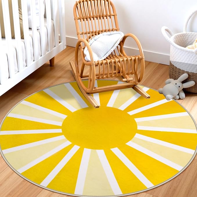 Lahome Yellow Rainbow Sun Round Rug: 4ft Washable & Non-Slip Low Pile with Cute Boho Print for Nursery, Bathroom, Bedroom, Kids Room & Dorm