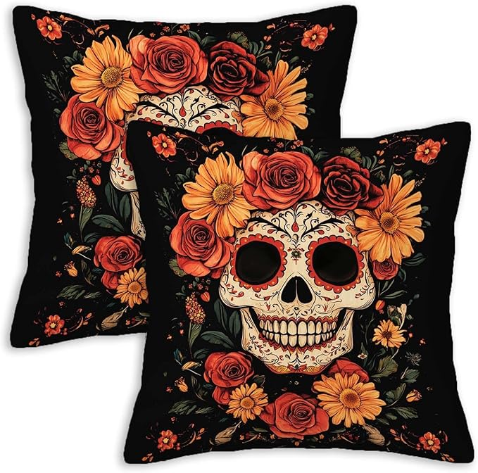 Sugar Skull Throw Pillow Covers 18x18 Set of 2, Mexican Day of The Dead Pillowcase for Sofa and Couch, Chirstmas Decorative Square Cushion Cases for Living and Bed Room