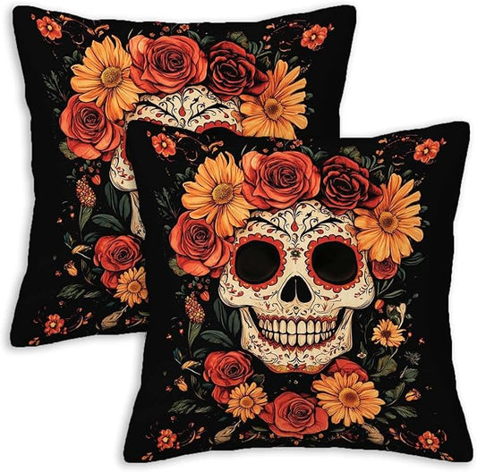 Sugar Skull Throw Pillow Covers 18x18 Set of 2, Mexican Day of The Dead Pillowcase for Sofa and Couch, Chirstmas Decorative Square Cushion Cases for Living and Bed Room