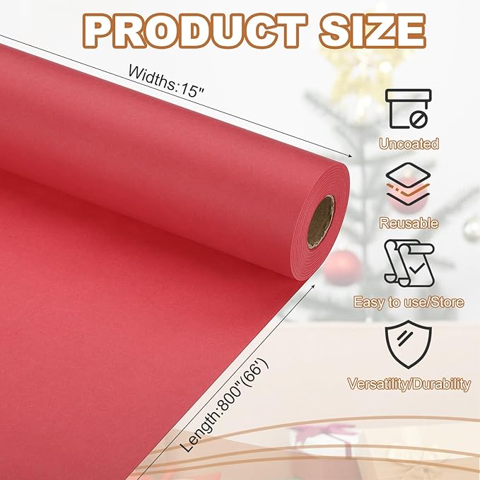 PATIKIL Wrapping Paper, 15" x 800"(66') 70 GSM Craft Paper Roll Kraft Packing Paper for Poster Bulletin Board, Gift Wrapping, Red