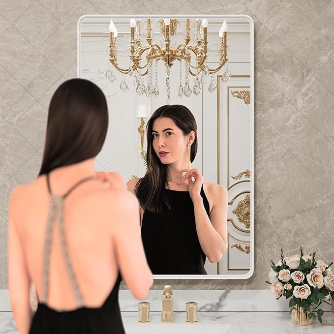 LOAAO 28x36 Inch White Metal Framed Bathroom Mirror for Wall, White Bathroom Vanity Mirror Farmhouse, Large Rounded Rectangle Mirror, Anti-Rust, Hangs Horizontally or Vertically