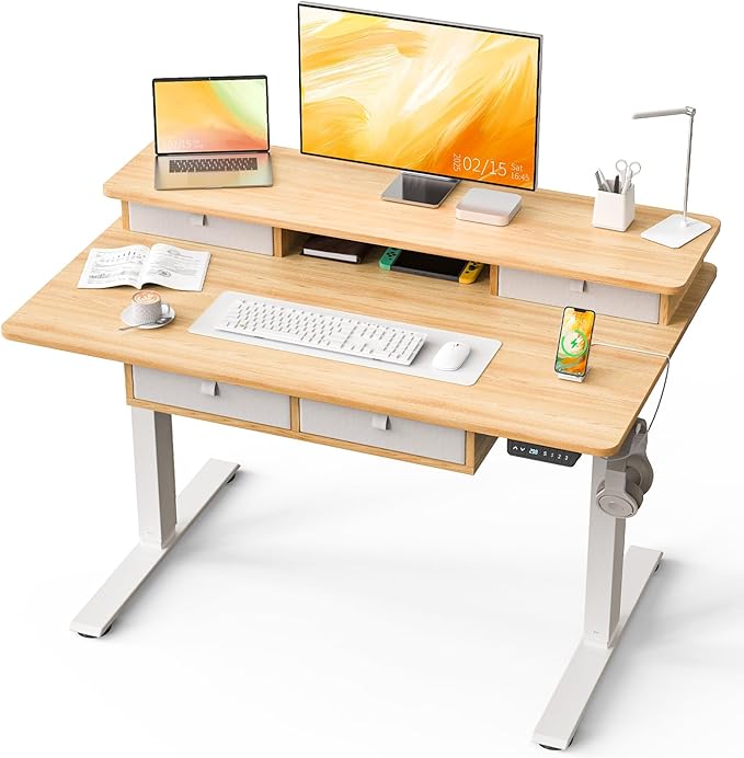 Kingant Standing Desk with Fast Charging USB Ports, 48" x 30" Height Adjustable Home Office & Gaming Desk, Sit Stand Desk with Built-in Storage Shelf, Hook & Ergonomic Design(Maple)