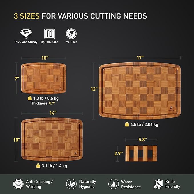 3 Pack Bamboo Cutting Board Set Non Toxic Wooden Cutting Board for Kitchen Non Slip Solid End Grain Thick Wood Juice Groove Chopping Board Edge Grain Teak Smart Marble Flexible Round Stone Metal