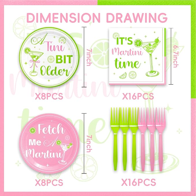 48Pcs Pink and Green Martini Birthday Party Decorations Plates A Tini Bit Older Birthday Plates Napkins Forks for 16 Guests Martini Party Supplies