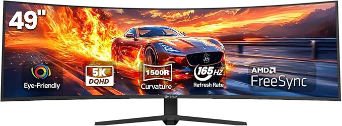 CRUA 49" Curved Gaming Monitor | DQHD(5120 * 1440), 144Hz/165Hz, 1500R, 32:9, AMD FreeSync, 120% sRGB, Height Adjustable Ultra-Wide Screen Monitors, HDMI 2.1 & DP 1.4, Wall Mount Install- Black