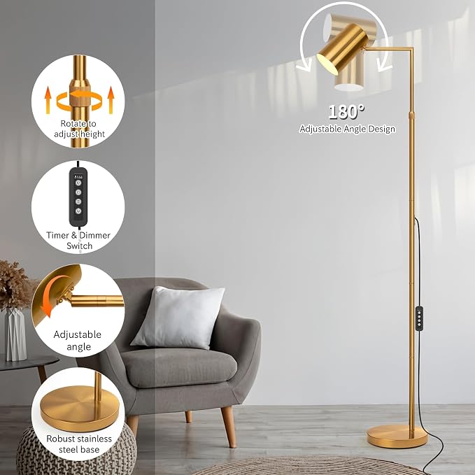 Ldeco Tree Floor Lamp for Living Room,Modern Gold Standing Tall Pole Lamps for Bedroom Office,Vintage 9W LED Bulb Included,Stepless Dimmable&Height Adjustable Arc Floor Lamp with Timer(Gold-DM)
