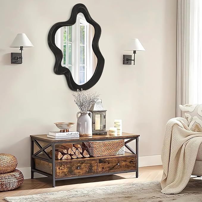 Large Irregular Wavy Mirror Modern Cloud Wall Mirror Asymmetrical Wooden Framed Wall Mirror Wall Mounted Unique Shape Vanity Artistic Mirror Decor for Bedroom Living Room Bathroom Entryway