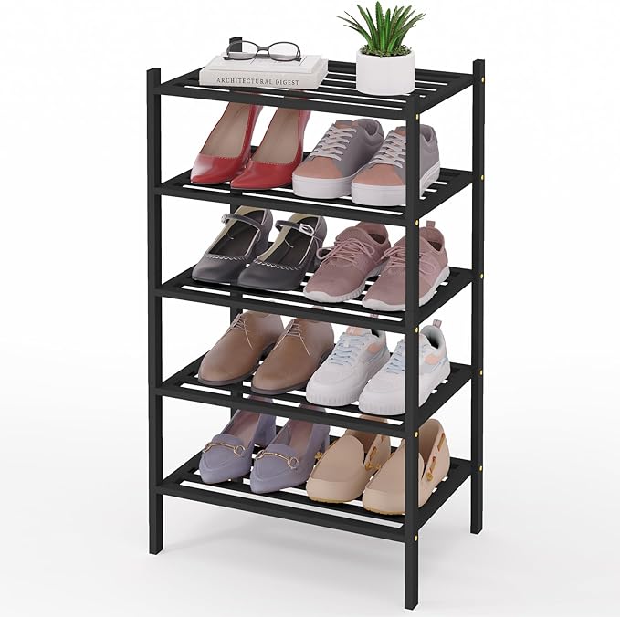 Smiry Small Bamboo Shoe Rack 5-Tier, Stackable Wooden Shoe Organizer for Entryway & Closet, Free Standing Wood Shoe Storage Shelf for Front Door & Small Spaces, Black