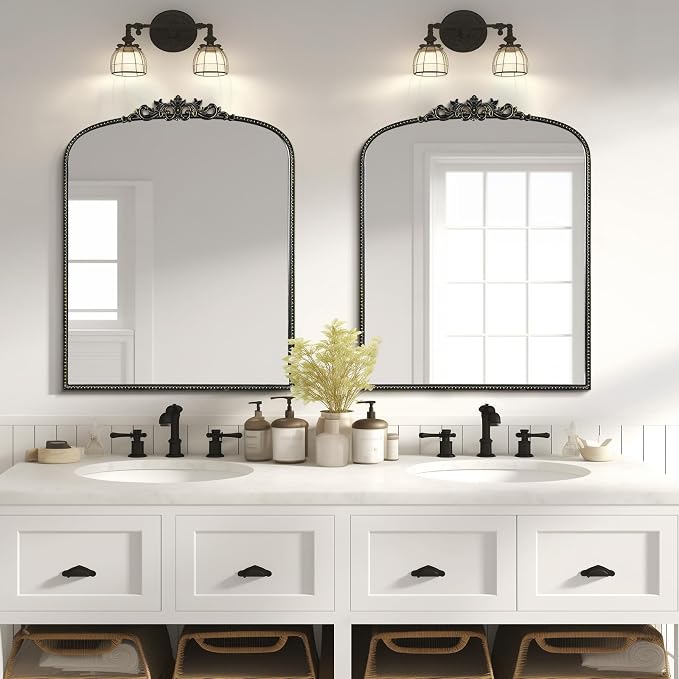 WallBeyond Black Vintage Mirror for Vanity 28x36 Inch, Black Antique Mirror with Ornate Frame, Arched Vintage Wall for Bathroom, Living Room, Fireplace, Entryway