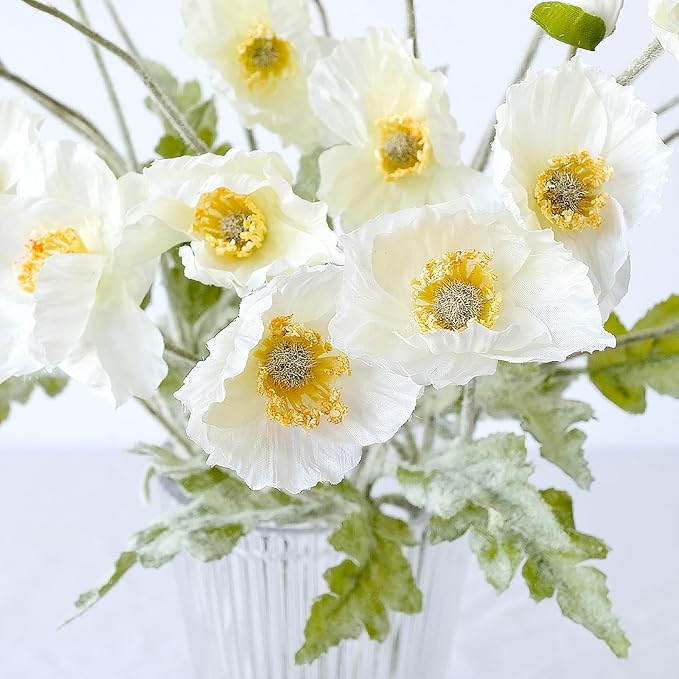 6PCS White Poppy Artificial Fake Poppies Flower with Stems Silk Floral for Wedding Bouquet Party Spring Arrangement Home Cemetery Decorations