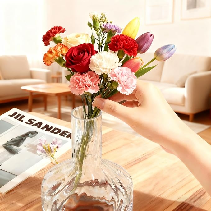 Clear Glass Vase Flower, Rippled Flower Vases with Wooden Base, 10-inch Modern Round Vases, Suitable for Living Room, Dining Room...