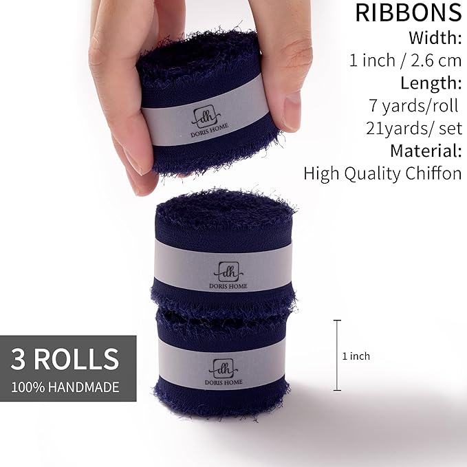 DORIS HOME Dark Navy Chiffon Ribbon for Flower Bouquet, 1" x21Yd Fabric Ribbon for Gift Wrapping, Handmade Frayed Ribbon for Wedding Invitations/Christmas Decorations