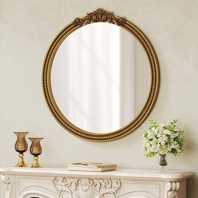 CozyDH Retro Gold Round Wall Mirror Decor - 24x24 inch Ornate Baroque Style Beaded Soli Wood Frame - Vintage Home Decor for Entryway, Foyer, Fireplace, Living Room, Hallway