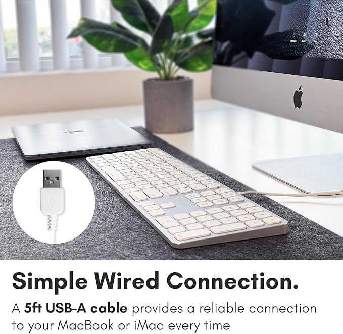 Macally Premium Wired Mac Keyboard with 2 Port Hub - Full Size with Numeric Keypad - Extended USB Keyboard for Mac mini/Pro, iMac, MacBook Pro/Air (Silver Aluminum)