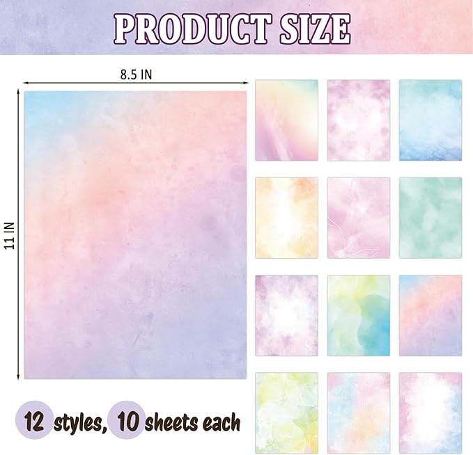 Tlenpo Decorative Watercolor Stationery Paper, 100 gsm Printer Paper 8.5 x 11In, Double-Sided for Business or Personal Use, Scrapbook, Printer Friendly for Invitations (120)