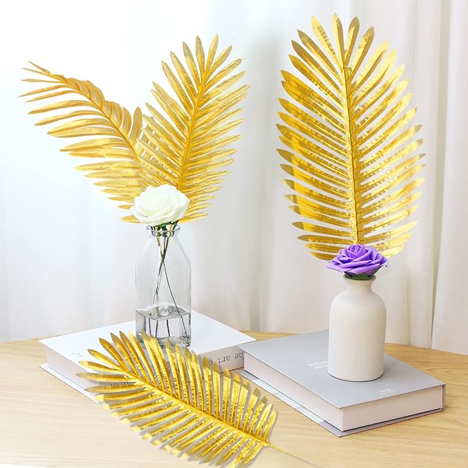 CCINEE 12 PCS Golden Artificial Palm Leaves, Assorted Sizes Faux Large Palm Fronds Fake Tropical Plant Simulation Safari Leaves with Stems for Home Hawaiian Luau Party Jungle Beach Theme Party