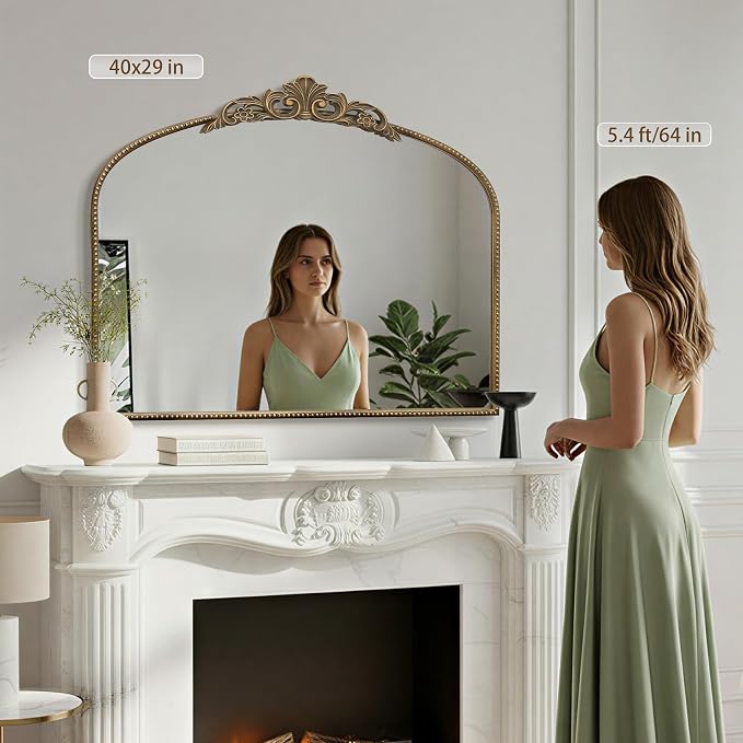 Micasso Large Vintage Gold Mirror: 40"x29" French Baroque Antique Arched Mirror - Traditional Ornate Decorative for Wall/Fireplace/Mantel/Entryway/Bathroom/Hallway - Home Decor for Living Room