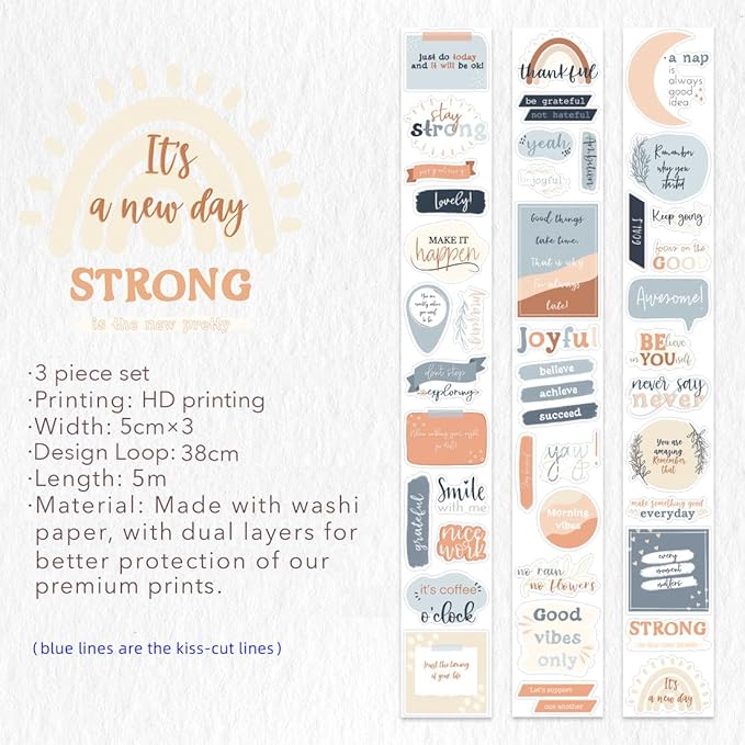 WT Motivational Washi Tape Sticker Set, 3 Rolls, Original Designs, Inspirational Frame Word Stickers, Vintage Decorative Tape, DIY Crafts, Bujo Planner Supplies, Journals Gifts, Adhesive Paper Tape