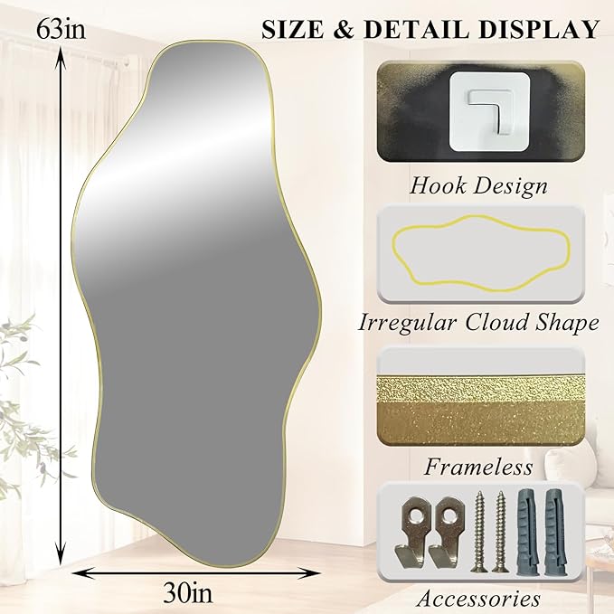 Large Irregular Mirror, 63"x30" Asymmetrical Tempered Glass Mirror Full Length, Gold Organic Frameless Wall Mirrors for Entryway Hallway Bedroom Living Room, Horizontal or Vertical Hanging