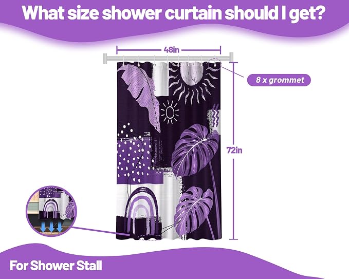 Small Stall Narrow Dark Purple Shower Curtain Lavender Stand Up Mid Century Modern Shower Curtains for Rv Camper Bathroom Decor Sets, Waterproof Cloth Fabric with Hooks, 48 x 72 Inch
