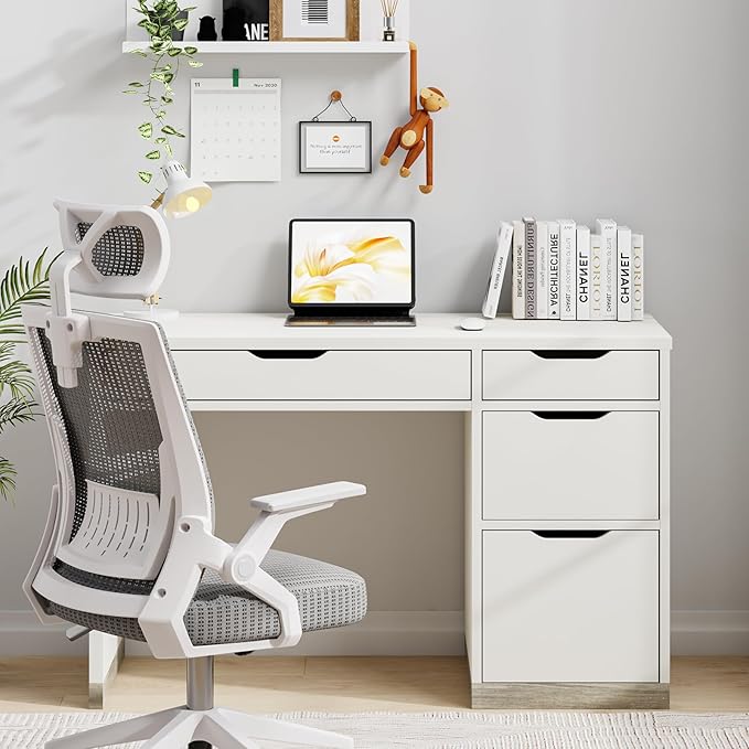 48 Inch White Desk with Drawers, Small Desk with 4 Storage Drawers for Kids, Computer Study Desk with Filing Drawers for Home Office