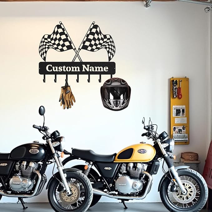 Personalized Racing Flags Key Holder, Custom Metal Checkered Flag Key Hooks with Name, Large Black Metal Wall Hooks Rack, Custom Jacket Organizer for Garage, Hallway, Entryway, Gifts for Men(8in)