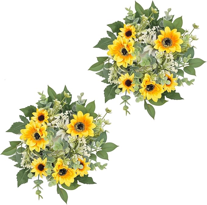 WELL KNOWN 2 Pcs Mini Spring Floral Candle Rings Wreaths for Pillars Home Table Window Decor, 9 Inches Artificial Flower Cabinet Wreath for Kitchen Farmhouse Wedding Party (Yellow Sunflower)