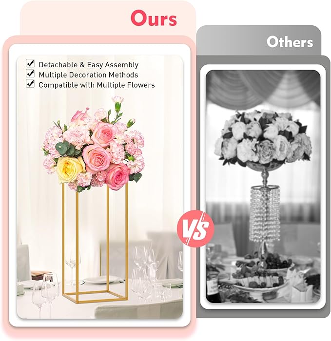 4Pcs Gold Wedding Flower Stands, 4 Different Sizes Metal Column Flower Holders Gold Flower Centerpieces Stands Wedding Metal Centerpieces Rectangular Vase for Wedding Decorations Party Event (4Pcs)