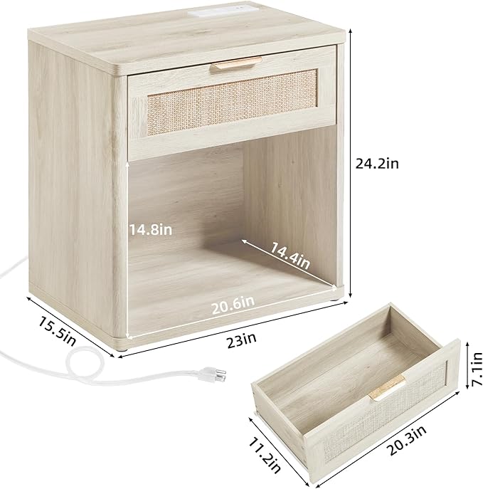 LEYAOYAO Rattan Nightstands Set of 2 with Charging Station, Grey White Night Stand with Drawer, 23" Wide Boho Bedside Table with Storage Shelf, Bed Side End Tables for Bedroom, Living Room, Hallway