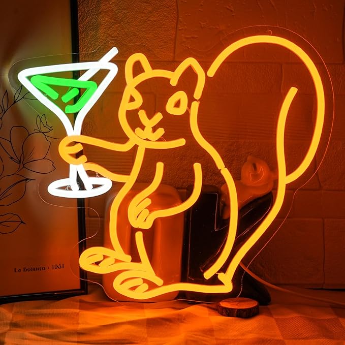 Squirrel Drinking Martini Neon Sign for Wall Decor Cocktail Martini Neon Light Squirrel LED Light Animal Neon Lights for Room Wall Decor Bar Club Neon Light Game Room