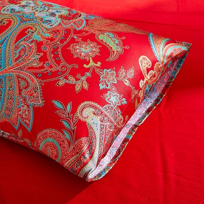 Vintage Red Floral Duvet Cover King Percale Long Staple Cotton Comforter Cover Floral Paisley Farmhouse Boho Flower Jacquard Bedding Set King Luxury Floral Red Duvet Cover with Zipper Ties