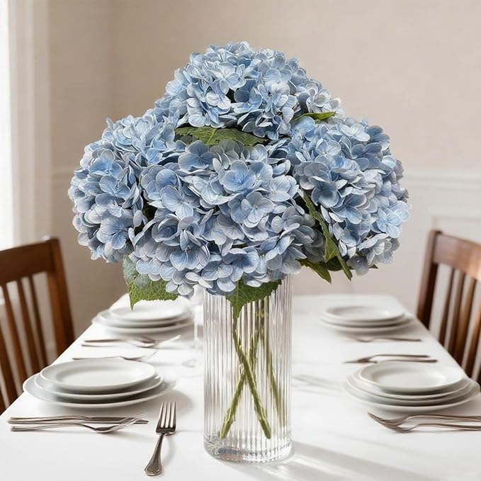 3pcs Hydrangea Artificial Flowers, 21" Real Touch Silk Faux Hydrangeas Flowers Lifelike Fake Hydrangea for Wedding Bouquets,Home Decor&Party Centerpieces (Blue)