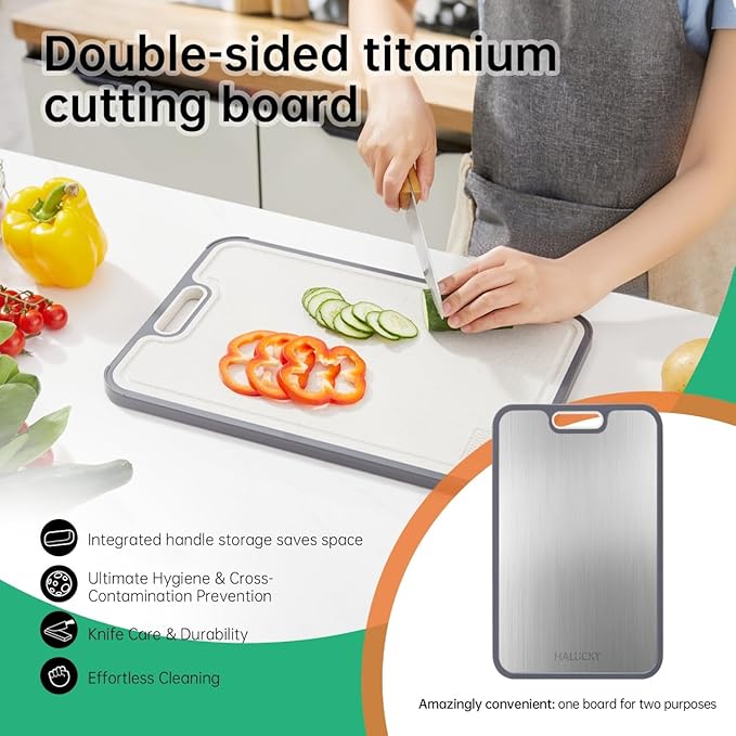 Titanium Cutting Board for Kitchen, Non Toxic Cutting Board Double Sided Food Grade, 2-in-1 Pure Titanium and Wheat Straw PP, Chopping Board for Meat and Fruit, Easy to Clean Large Size 16”×11”