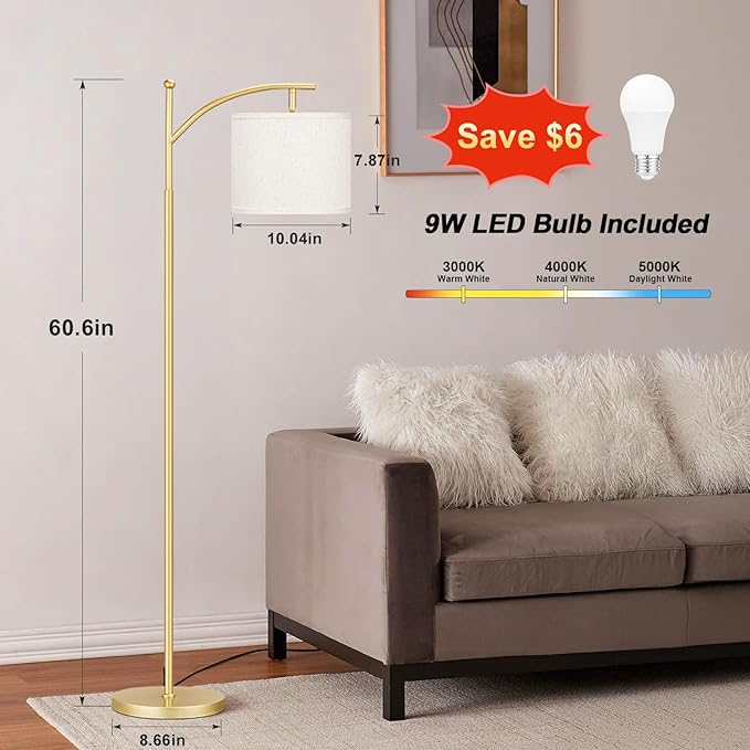 Ambimall 60" Floor Lamp with 3 Color Temperatures, Adjustable Beige Shade, Gold Pole - Tall Lamp for Living Room, Bedroom, Office, Classroom, Dorm - 9W Bulb Included