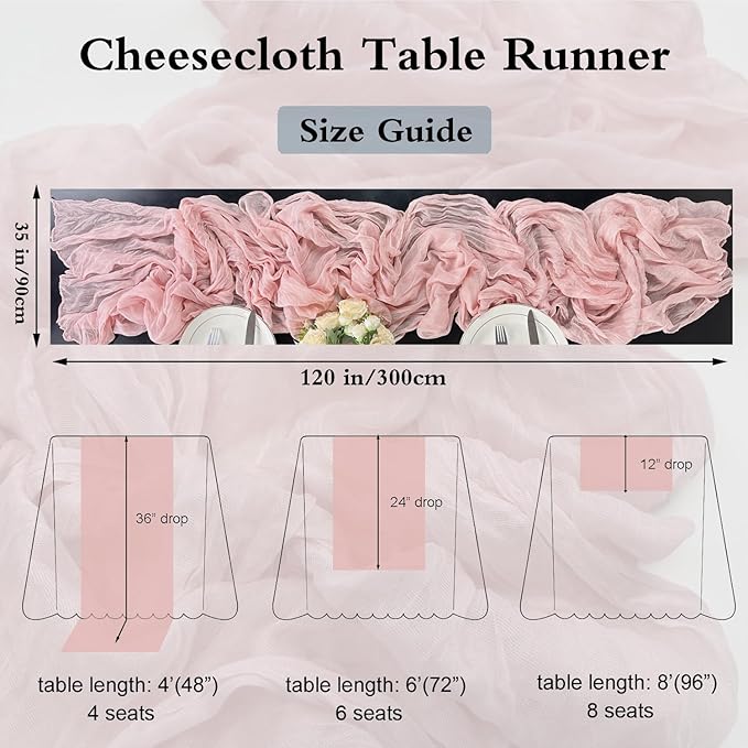 Booque Valley Dusty Pink Cheesecloth Table Runner 10ft Super Soft Boho Wrinkled Gauze Sheer Cloth for Baby Shower Baptism Birthday Party Wedding Centerpiece Table Decoration, 35x120 Inch