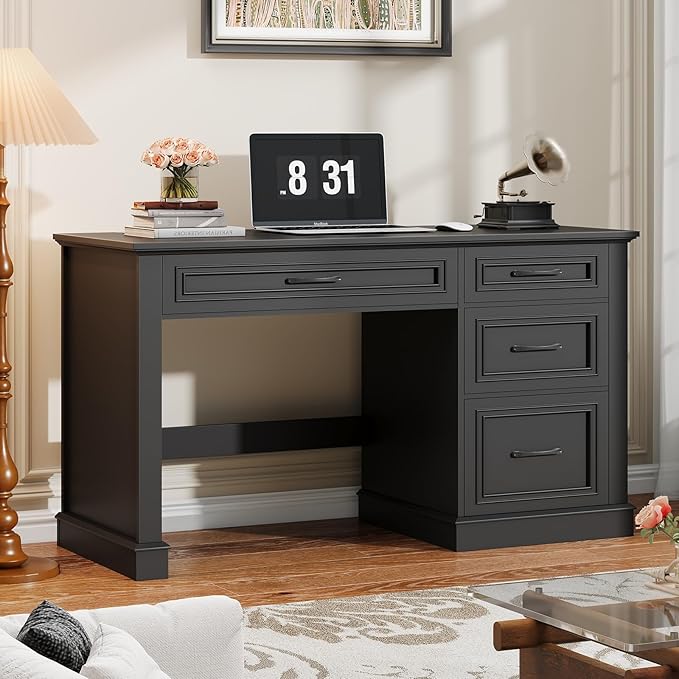 Farmhouse 47" Executive Desk, Computer Desk with Drawers and File Drawer, Workstation Computer Desk with Charging Station for Home Office, Study,(Pure Black)