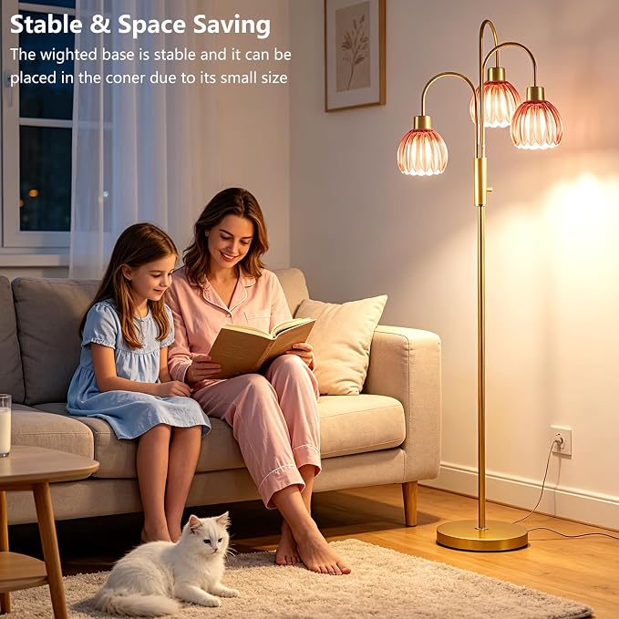 3-Light Glass Floor Lamp, 70" Gold Dimmable Standing Tall Lamp with Deep Red Ribbed Glass Shades &3PCS 3000K Warm White Bulbs, Modern Tree Pole Lamp for Living Room Bedroom Home Office Corner Decor