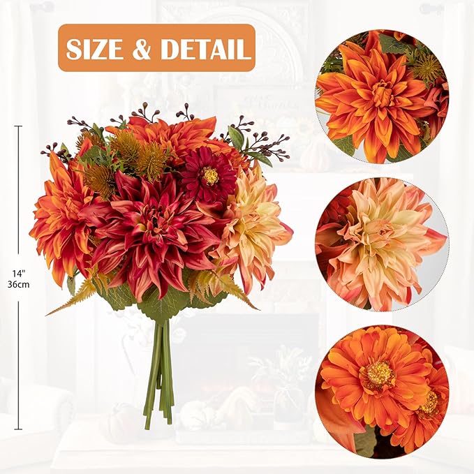 Briful Fall Flowers Artificial Bouquet for Decoration, Fake Silk Flowers Arrangements with Dahlia & Mums Mixed Autumn Floral Stems for Home Room Fall Table Centerpiece Wedding Party Decor