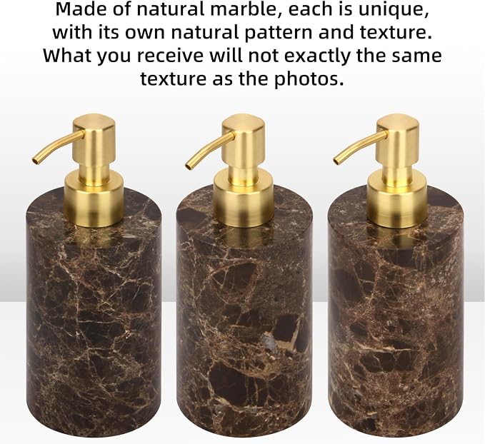 Natural Marble Soap Dispenser for Bathroom and Kitchen Countertop - 5.41 Ounces Hand Lotion and Liquid Stone Shampoo Laundry Bottle with Pump (1, Dark Brown, Cylindrical Bottle)