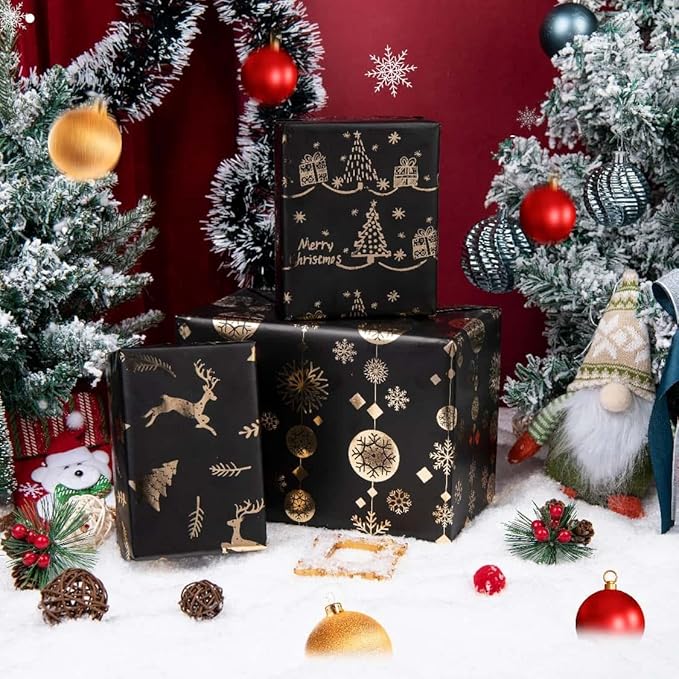 Linnoptimix Christmas Wrapping Paper Rolls -3 LARGE ROLL-27inch*78 inch per roll Colorful Foil Black wrapping paper(Christmas 3 Black/Gold（001）)